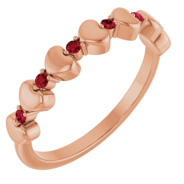 Bague empilable en or rose 14 carats avec rubis naturel en forme de cœur