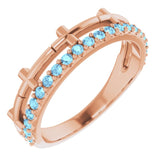 Bague croix empilable en or rose 14 carats et aigue-marine naturelle