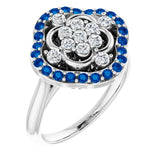 Bague en or blanc 14 carats, saphir bleu naturel et diamants naturels (0,3 carat au total).