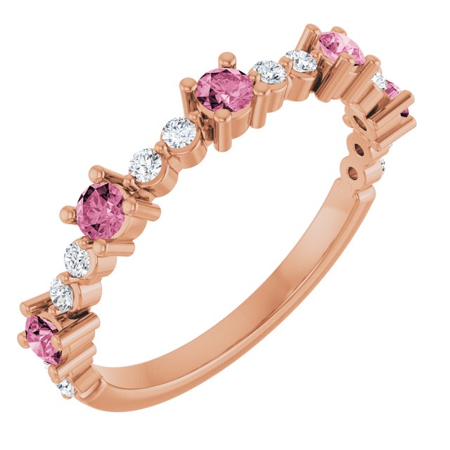 Bague en or rose 14 carats avec tourmaline rose naturelle et diamants naturels (0,25 carat au total).