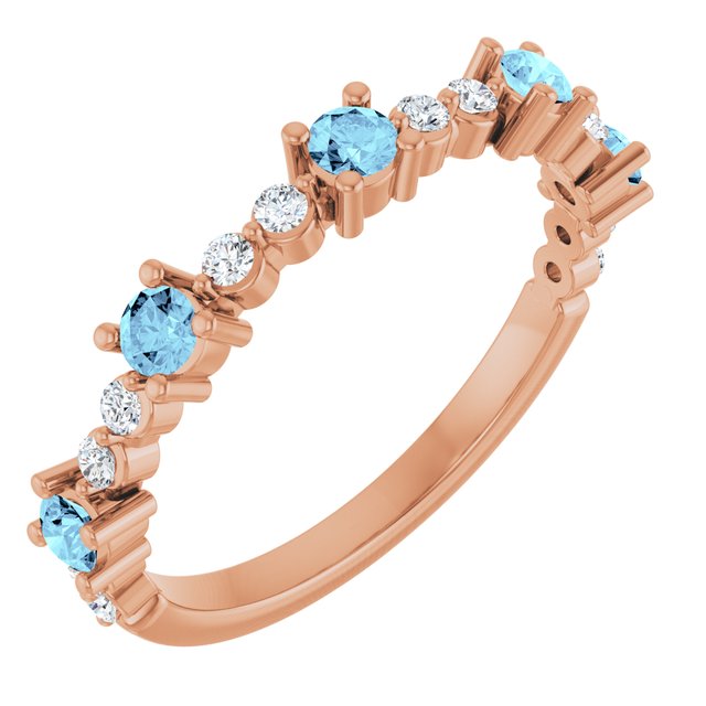 Bague en or rose 14 carats avec aigue-marine naturelle et diamants naturels (0,25 carat au total).