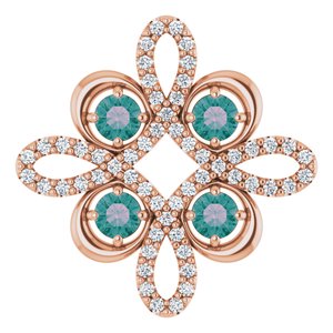 Pendentif trèfle en or rose 14 carats, alexandrite de laboratoire et diamants (0,25 carat au total).