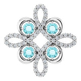 Pendentif trèfle en or blanc 14 carats, zircon bleu naturel et diamants naturels (0,25 carat au total).