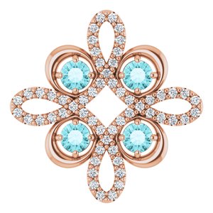 Pendentif trèfle en or rose 14 carats, zircon bleu naturel et diamants naturels (0,25 carat au total).