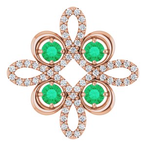 Pendentif trèfle en or rose 14 carats, émeraude de laboratoire et diamants (0,25 carat au total).