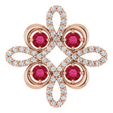 Pendentif trèfle en or rose 14 carats serti d'un rubis de laboratoire et de diamants (0,25 carat au total).