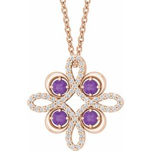 Collier trèfle 18 pouces en or rose 14 carats, améthyste naturelle et diamants naturels (0,05 carat au total), 45,7 cm (18 pouces).