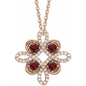 Collier trèfle 18 pouces (45,7 cm) en or rose 14 carats, grenat naturel du Mozambique et diamants naturels (0,25 carat au total)