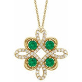 Collier trèfle 18 pouces en or jaune 14 carats, orné d'une émeraude naturelle et de diamants naturels (0,25 carat au total),