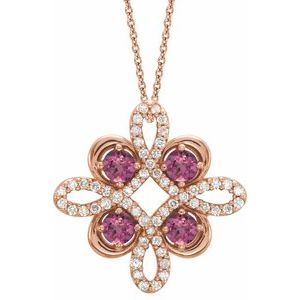 Collier trèfle 18 pouces en or rose 14 carats, tourmaline rose naturelle et diamants naturels (0,25 carat au total), 45,7 cm (18 pouces).