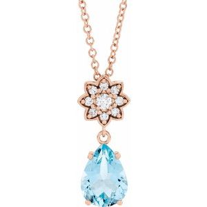 Collier en or rose 14 carats avec aigue-marine naturelle et diamants naturels (0,08 carat au total), 40-45 cm (16-18 pouces).