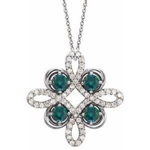 Collier trèfle 18 pouces en or 14 carats, alexandrite blanche de laboratoire et diamants (0,26 carat au total),