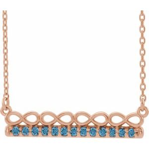 Collier barre 18 pouces en or rose 14 carats avec zircon bleu naturel et motif infini