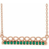Collier barre 16 pouces en or rose 14 carats avec émeraude naturelle et motif infini