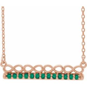Collier barre 18 pouces en or rose 14 carats avec émeraude naturelle et motif infini