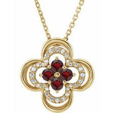 Collier trèfle 18 pouces (45,7 cm) en or jaune 14 carats, grenat naturel du Mozambique et diamants naturels (0,08 carat au total).