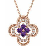 Collier trèfle 18 pouces en or rose 14 carats, améthyste naturelle et diamants naturels (0,08 carat au total), 45,7 cm (18 pouces).