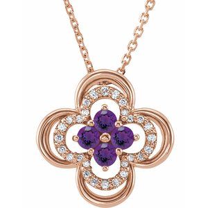 Collier trèfle 18 pouces en or rose 14 carats, améthyste naturelle et diamants naturels (0,08 carat au total), 45,7 cm (18 pouces).
