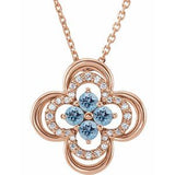 Collier trèfle en or rose 14 carats, aigue-marine naturelle et diamants naturels (0,08 carat au total), 45,7 cm (18 pouces).