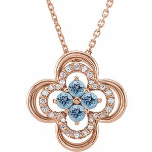 Collier trèfle en or rose 14 carats, aigue-marine naturelle et diamants naturels (0,08 carat au total), 45,7 cm (18 pouces).
