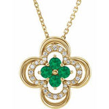 Collier trèfle 18 pouces en or jaune 14 carats, orné d'une émeraude naturelle et de diamants naturels (0,08 carat au total).