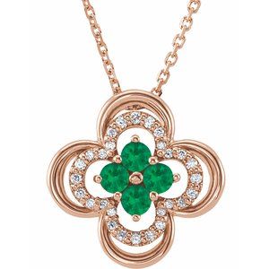 Collier trèfle 18 pouces en or rose 14 carats, orné d'une émeraude de laboratoire et de diamants naturels (0,08 carat au total).