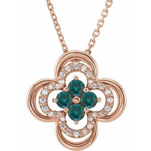Collier trèfle 18 pouces en or rose 14 carats avec alexandrite naturelle et diamants naturels (0,08 carat au total), 45,7 cm (18 pouces).