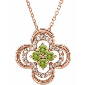 Collier trèfle 18 pouces en or rose 14 carats, péridot naturel et diamants naturels (0,08 carat au total), 45,7 cm (18 pouces).