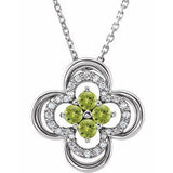 Collier trèfle 18 pouces en or 14 carats, péridot blanc naturel et diamants naturels (0,08 carat au total).