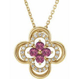 Collier trèfle 18 pouces en or jaune 14 carats, tourmaline rose naturelle et diamants naturels (0,08 carat au total), 45,7 cm (18 pouces).