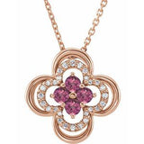 Collier trèfle 18 pouces en or rose 14 carats, tourmaline rose naturelle et diamants naturels (0,08 carat au total), 45,7 cm (18 pouces).