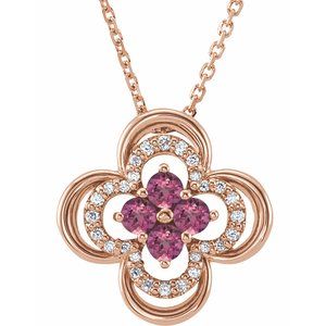 Collier trèfle 18 pouces en or rose 14 carats, tourmaline rose naturelle et diamants naturels (0,08 carat au total), 45,7 cm (18 pouces).