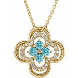 Collier trèfle 18 pouces en or jaune 14 carats, zircon bleu naturel et diamants naturels (0,08 carat au total), 45,7 cm (18 pouces).