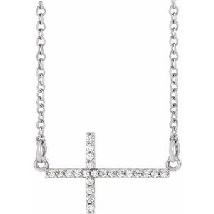 Collier croix latérale en or blanc 14 carats serti de diamants naturels (0,10 carat au total), 40-45 cm (16-18 pouces).