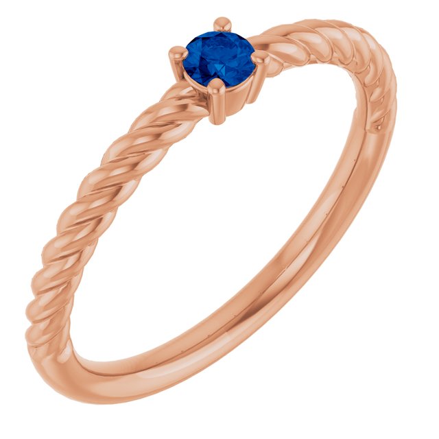 Bague solitaire en or rose 14 carats avec saphir bleu naturel de 3 mm et monture corde