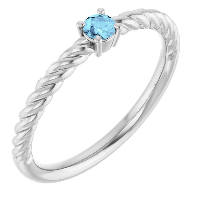 Bague solitaire corde en or blanc 14 carats et aigue-marine naturelle de 3 mm