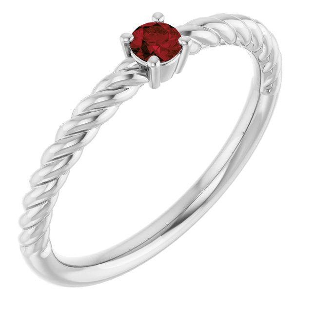Bague solitaire corde en grenat naturel du Mozambique de 3 mm, or blanc 14 carats.