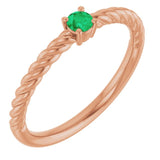 Bague solitaire corde en or rose 14 carats et émeraude naturelle de 3 mm