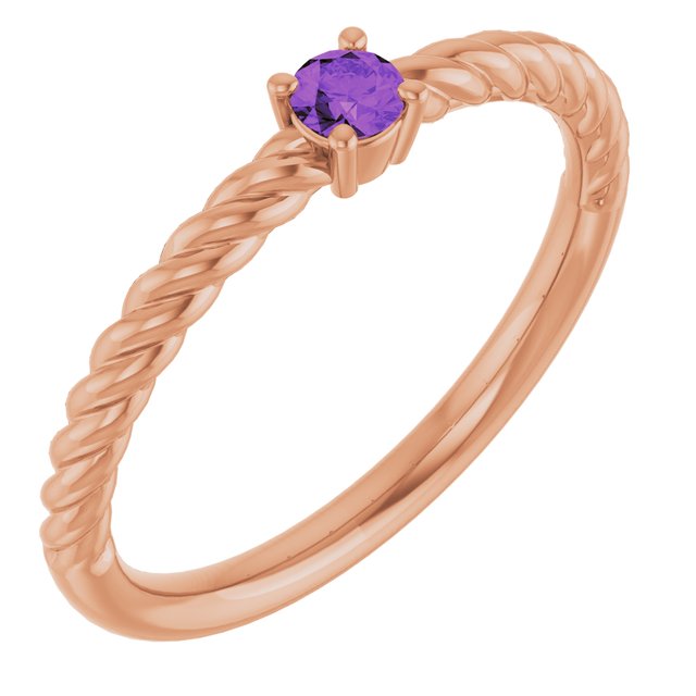 Bague solitaire en or rose 14 carats avec améthyste naturelle de 3 mm, sertie sur corde.