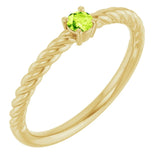 Bague solitaire corde en or jaune 14 carats avec péridot naturel de 3 mm