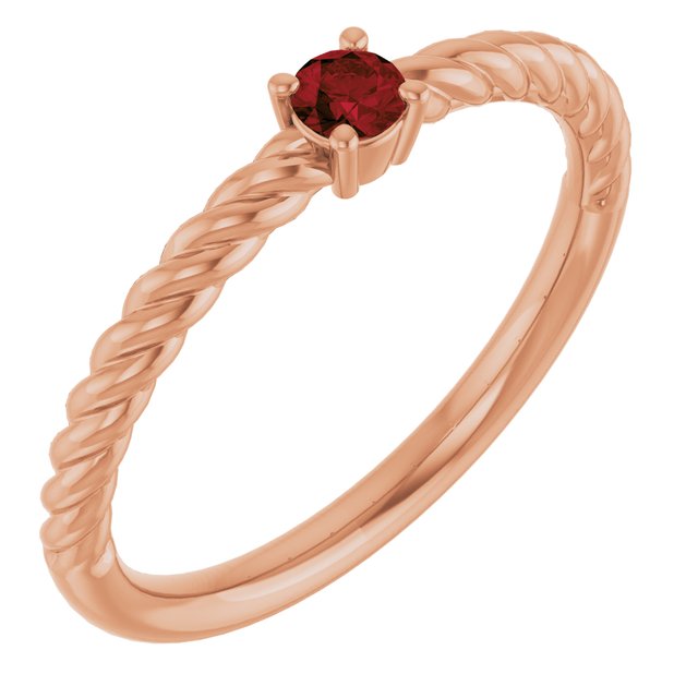 Bague solitaire en or rose 14 carats avec grenat naturel du Mozambique de 3 mm, sertie sur corde.