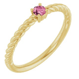 Bague solitaire en or jaune 14 carats avec tourmaline rose naturelle de 3 mm, sertie sur corde.