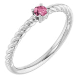 Bague solitaire en or blanc 14 carats avec tourmaline rose naturelle de 3 mm, sertie sur corde.