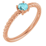 Bague solitaire corde en or rose 14 carats et zircon bleu naturel de 4 mm