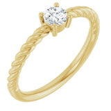 Bague solitaire en or jaune 14 carats avec saphir blanc naturel de 4 mm et monture corde