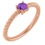 Bague solitaire en or rose 14 carats avec améthyste naturelle de 4 mm et monture corde