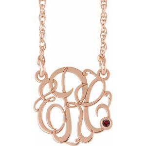 Collier en argent sterling plaqué or rose 14 carats, orné d'un monogramme 3 initiales en grenat imitation Mozambique de 20 mm, longueur 45,7 cm (18 pouces).