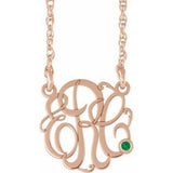 Collier monogramme 3 initiales en imitation émeraude rose 20 mm orné de diamants en or 14 carats et orné de diamants en or rose 14 carats (18 pouces).