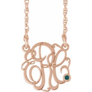 Collier monogramme manuscrit en imitation alexandrite rose 14 carats, 25 mm, initiales 3, 45,7 cm (18 pouces).