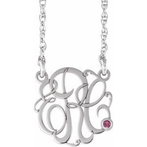 Collier monogramme 3 initiales en tourmaline rose imitation imitation, or blanc 10K, 25 mm, 45,7 cm (18 pouces)